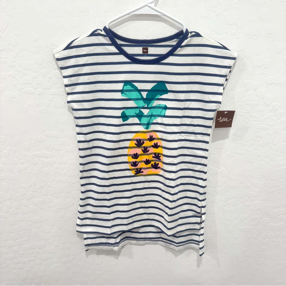 NWT Tea Collection Striped Pineapple Shirt Girls 7 Blue White Summer Vacation